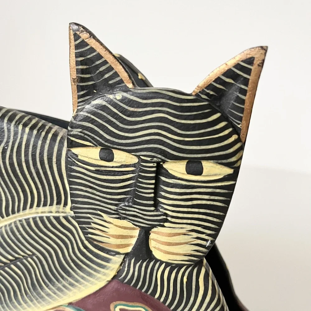 Wooden Cat Carved Painted Napkin Letter Holder Polka Dot Folk Art Halloween Fall